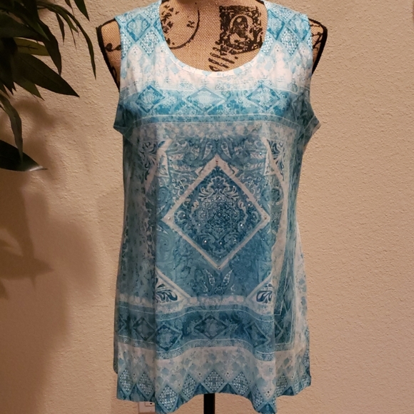 1946 Tops - 1946 Teal Print Hi-low Top